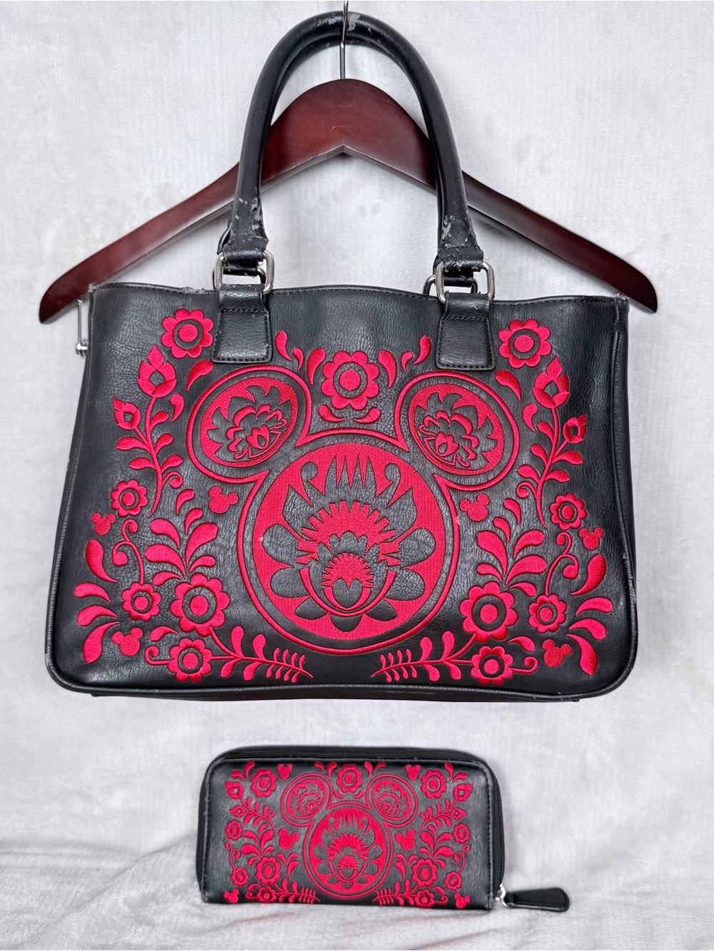 Disney Boutique Mickey Floral Embroidered Purse & Wallet Set